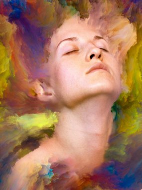 Dünya serisi. Kadın portresinin arka plan tasarımı duygular, duygular, iç dünya, yaratıcılık ve hayal gücü üzerine canlı boyalar ile kaynaştırılmış.