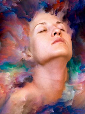 Dünya serisi. Kadın portresinin arka plan tasarımı duygular, duygular, iç dünya, yaratıcılık ve hayal gücü üzerine canlı boyalar ile kaynaştırılmış.