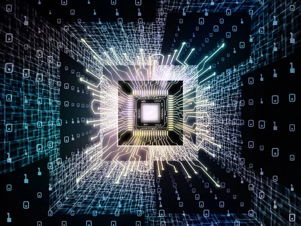 Computing Machine series. 3D illustration of CPU with fractal environment in perspective suitable as a backdrop for the projects on computer science, digital world, virtual reality and modern technology