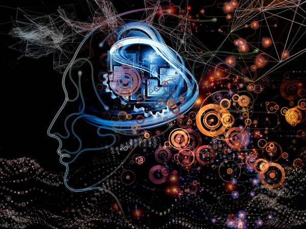 Digital Mind series. Backdrop of  silhouette of human face and technology symbols to complement designs on the subject of computer science, artificial intelligence and communications