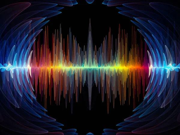 波函数系列 彩色正弦振动 光和分形元素在声均衡器 音乐谱和量子概率问题上的背景组成 — 图库照片