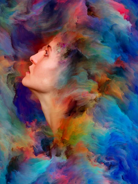 Kvinnans Världsserie Kreativa Arrangemang Kvinnoporträtt Sammansmälta Med Levande Färg Som — Stockfoto