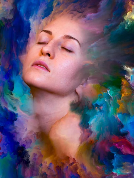 Her World series. Arrangement of female portrait fused with vibrant paint on the subject of feelings, emotions, inner world, creativity and imagination