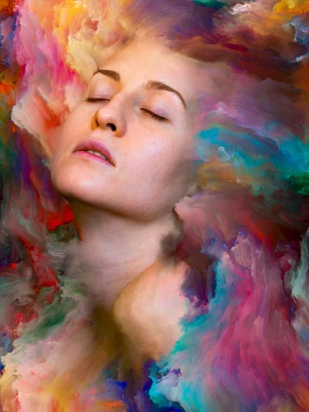 Her World series. Design composed of female portrait fused with vibrant paint as a metaphor on the subject of feelings, emotions, inner world, creativity and imagination