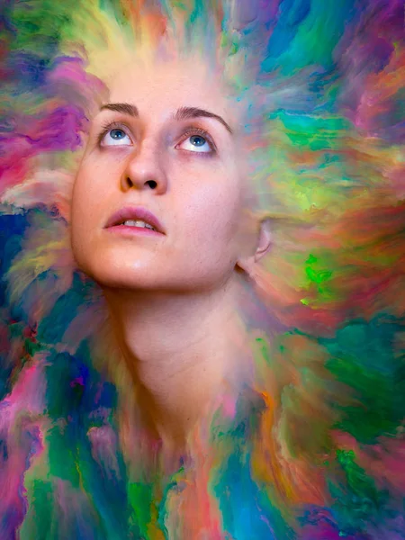 Dış serinin içinde. Duygular, duygular, iç dünya, yaratıcılık ve hayal gücü konularında bir metafor olarak kadın portresinin canlı resimlerle kaynaşmış yaratıcı düzenlemesi.