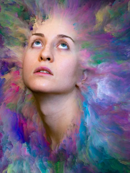 Dış serinin içinde. Duygular, duygular, iç dünya, yaratıcılık ve hayal gücü konularında bir metafor olarak kadın portresinin canlı resimlerle kaynaşmış yaratıcı düzenlemesi.