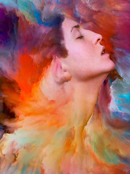 İç dış serisi. Duygular, duygular, iç dünya, yaratıcılık ve hayal gücü konusunda canlı boya ile arka plan kompozisyonu kadın portresi erimiş