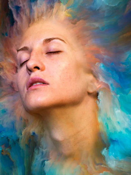 Onun Dünya serisi. Kadın portre canlı boya ile erimiş ve duygular, duygular, iç dünya, yaratıcılık ve hayal gücü projelerde kullanım için uygun zemin oluşur