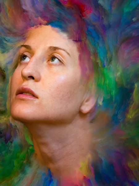 Onun Dünya serisi. Kadın portre canlı boya ile erimiş ve duygular, duygular, iç dünya, yaratıcılık ve hayal gücü projelerde kullanım için uygun zemin oluşur