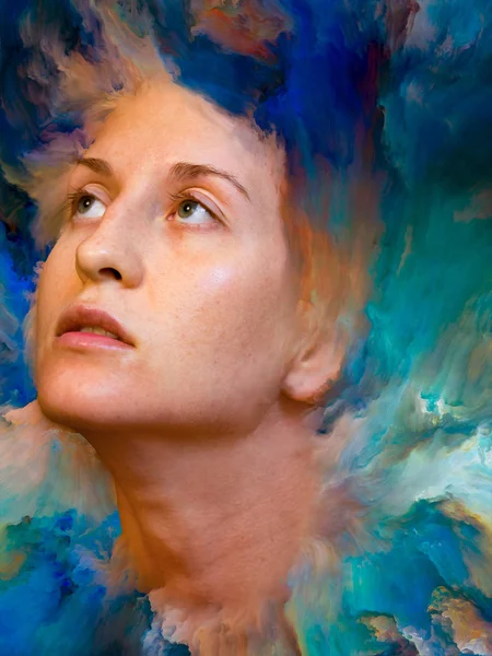Onun Dünya serisi. Kadın portre canlı boya ile erimiş ve duygular, duygular, iç dünya, yaratıcılık ve hayal gücü projelerde kullanım için uygun zemin oluşur