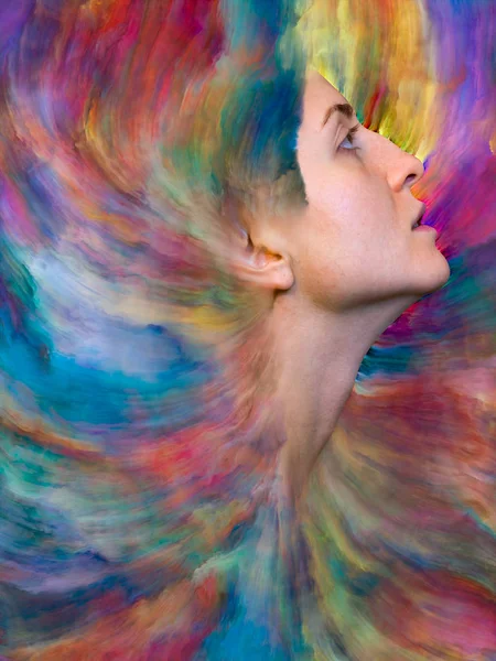 Her World series. Artistic abstraction composed of female portrait fused with vibrant paint on the subject feelings, emotions, inner world, creativity and imagination