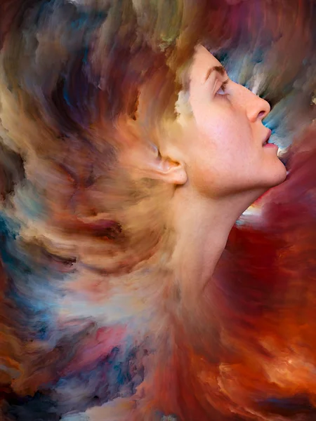 Her World series. Artistic abstraction composed of female portrait fused with vibrant paint on the subject feelings, emotions, inner world, creativity and imagination