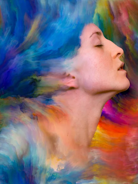 Her World series. Artistic background made of female portrait fused with vibrant paint for use with projects on feelings, emotions, inner world, creativity and imagination
