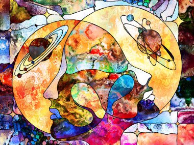 Lekeli Glass Forever serisi. Ruh eşi kainatın rengarenk desenleri ve sembolleri ile çevrelenmiş, bilgi, iç gerçeklik ve karşılıklı birlik konularında birbirlerine bakan kafalardır..