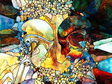 Lekeli Glass Forever serisi. Tasarım, yaratıcılık ve hayal gücü konularında insan profillerinin, sembollerin ve renk kalıplarının arkaplan tasarımı