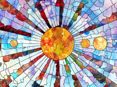 Vitray sonsuza dek serisi. Stilize gezegen bilim, eğitim, astronomi ve doğa konusundaki mozaik tarzı ile idam