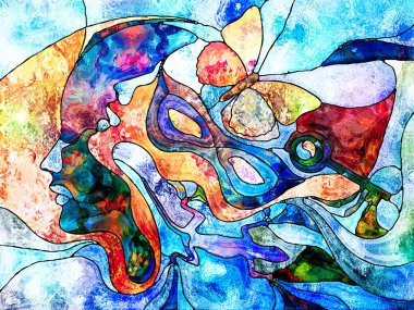 Vitray sonsuza dek serisi. İnsan profilleri, maske, kelebek, zihin, ruh sağlığı, birlik ve sezgi konusunda organik desenleri ile çizilmiş kertenkele ile anahtar simgeleri üst üste.