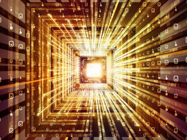 Makine serisi hesaplanıyor. Bilgisayar bilimi, dijital dünya, sanal gerçeklik ve modern teknoloji konularına perspektif olarak Fraktal ortama sahip üç boyutlu CPU çizimi