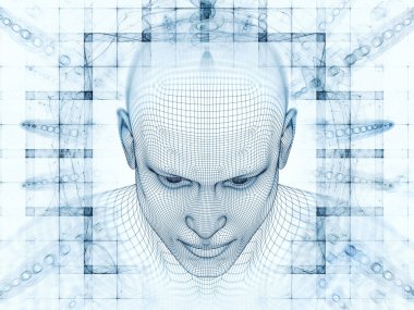 3D render - zihin alan serisi. Tel kafes insan modeli ve fraktal patters yapay zeka, bilim ve teknoloji konusunda başkanı arka plan kompozisyonu