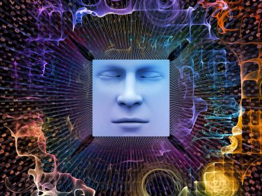 Yapay Zeka serisi. Süper insan yapay zekası, bilgisayar bilinci ve teknolojisi konularında insan yüzü ve bilgisayar elementlerinin 3 boyutlu etkileşimi