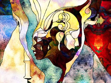 Lekeli Glass Forever serisi. Bilgi, yaratıcılık ve hayal gücüyle ilgili projeler için arkaplan görevi görecek insan profilleri, sayılar ve renk kalıplarından oluşan tasarım