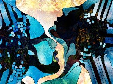 Vitray sonsuza dek serisi. Erkek ve dişi profilleri ile organik satır tasvir patters iç hayatı, çeşitlilik ve birlik simgeleyen karmaşıklığı.