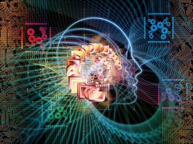 İşlemci Akıl serisi. İnsan yüzü silueti ve teknoloji sembollerinden oluşan arkaplan, bilgisayar bilimi, yapay zeka ve iletişim projelerinde kullanıma uygun.