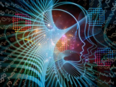 CPU zihin serisi. Interplay bilgisayar bilimi, yapay zeka ve iletişim konusunda insan yüzü siluet ve teknoloji sembollerin