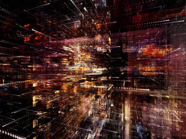 Sanal uzay serisi. Bilgi teknolojisi, bilgisayar ve iletişim konusunda bir metafor olarak tasarım saydam 3B yapısı ile okları sembolleri perspektif içinde oluşur