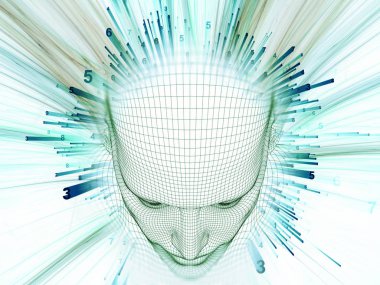 3D render - zihin alan serisi. Tel kafes insan modeli ve fraktal patters mecazi ilişki yapay zeka, bilim ve teknoloji ile başkanı bileşimi