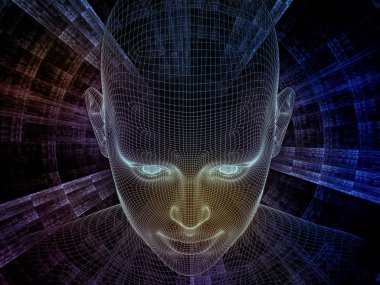 Radyasyon zihin serisi. İnsan zihni, yapay zeka ve sanal gerçeklik üzerinde insan kafası ve fraktal modelinin 3 boyutlu yansıması