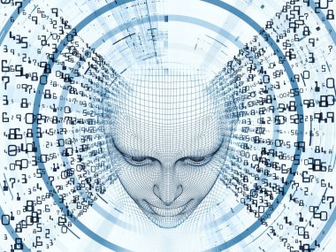 3D render - zihin alan serisi. Yapay zeka, bilim ve teknoloji konusu için tel kafes insan modeli ve fraktal patters başkanı yaratıcı düzenleme