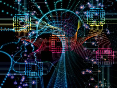 CPU zihin serisi. Bilgisayar bilimi, yapay zeka ve iletişim konusunda insan yüzü siluet ve teknoloji sembollerin sanatsal soyutlama oluşur