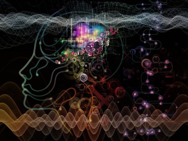 Dijital zihin serisi. Görsel olarak çekici zemin insan yüzü ve teknoloji sembolleri silüeti yassı olup, bilgisayar bilimi, yapay zeka ve iletişim düzenleri yaptı