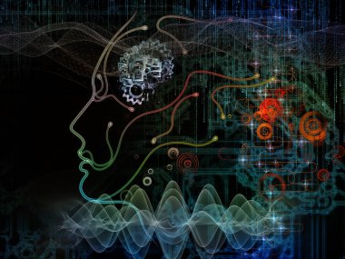 Dijital zihin serisi. Interplay bilgisayar bilimi, yapay zeka ve iletişim konusunda insan yüzü siluet ve teknoloji sembollerin