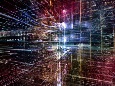 Sanal uzay serisi. Konuda bilgi teknolojisi, bilgisayar ve iletişim kavramı mecaz olarak ok sembolleri perspektif içinde bulunan saydam 3B yapısının yaratıcı düzenleme