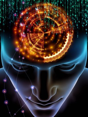 Elements of Mind series. 3D illustration of human head and symbols of technology on the subject of  science, education and powers of the mind