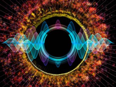 Dalga fonksiyonu serisi. Renkli sinüs titreşimler kompozisyon, ışık ve fraktal öğeleri ses ekolayzer, konu üzerinde müzik spektrum ve kuantum olasılık