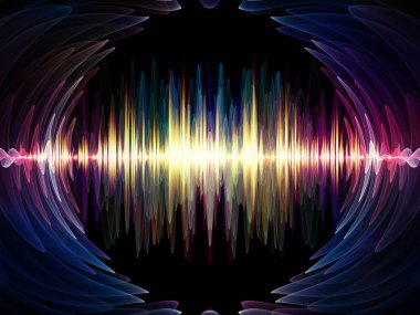 Dalga Fonksiyonu serisi. Ses eşitleyici, müzik spektrumu ve kuantum olasılığıyla ilgili projeler için arkaplan görevi görecek renkli sinüs titreşimleri, ışık ve fraktal elementlerden oluşan tasarım