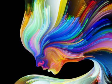 Yüz renk serisi. Arka plan tasarım insan profili ve yaratıcılık, tasarım, iç dünya, içgüdü ve sanatsal ruh konusunda boya hareketli renkli çizgiler