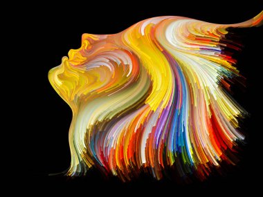 Renk serisinin yüzü. Yaratıcılık, tasarım, iç dünya, insan doğası ve sanatsal ruh projeleri için uygun bir zemin olarak insan profili ve renkli renkli boya çizgileri.