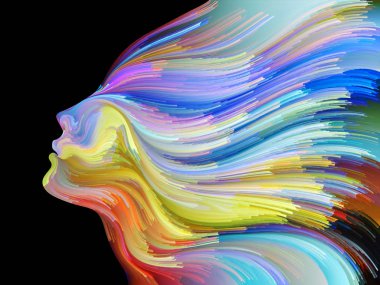 Renk serisinin yüzü. Yaratıcılık, tasarım, iç dünya, insan doğası ve sanatsal ruh projeleri için uygun bir zemin olarak insan profili ve renkli renkli boya çizgileri.