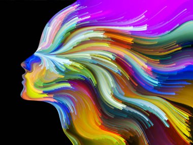 Yüz renk serisi. İnsan profili ve yaratıcılık, tasarım, iç dünya, içgüdü ve sanatsal ruhu projelerde kullanılmak üzere boya hareketli renkli çizgiler arka plan yapılmış