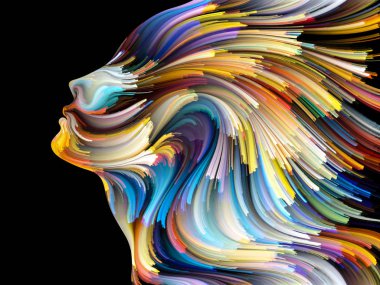 Yüz renk serisi. Zemin insan profili ve yaratıcılık, tasarım, iç dünya, içgüdü ve sanatsal ruh konusunda boya hareketli renkli çizgiler