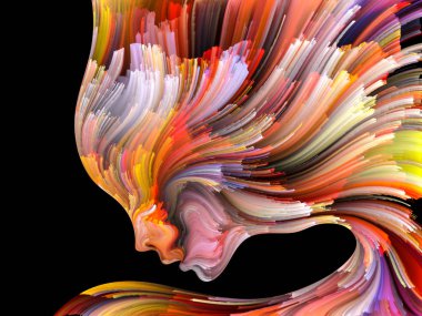 Yüz renk serisi. Zemin tasarımı insan profili ve boya işleri yaratıcılık, tasarım, iç dünya, insan doğası ve sanatsal ruhu için hareketli renkli çizgiler