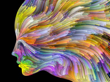 Yüz renk serisi. Tasarım projeleri için fon olarak hizmet etmek için insan profili ve boya hareketli renkli çizgiler yapılmış yaratıcılık, tasarım, iç dünya, içgüdü ve sanatsal ruhu ile ilgili