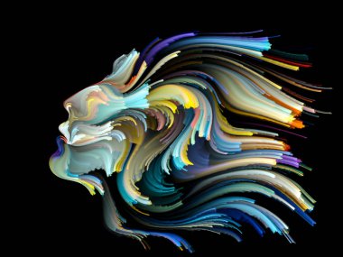 Yüz renk serisi. Arka plan kompozisyon insan profili ve yaratıcılık, tasarım, iç dünya, içgüdü ve sanatsal ruh konusunda boya hareketli renkli çizgiler