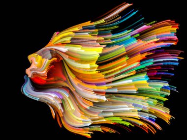 Yüz renk serisi. Grafik bileşimi insan profili ve boya konu yaratıcılık, tasarım, iç dünya, insan doğası ve sanatsal ruhu için hareketli renkli çizgiler