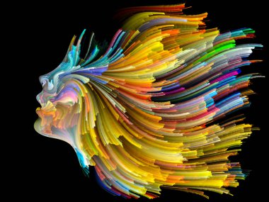 Yüz renk serisi. İnsan profili ve boya düzenleri yaratıcılık, tasarım, iç dünya, insan doğası ve sanatsal ruhu içinde uygun hareketli renkli çizgiler görsel olarak çekici zemin yaptı