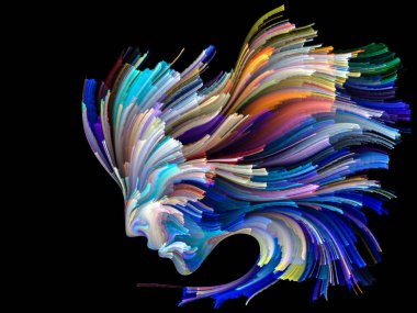 Yüz renk serisi. İnsan profili ve yaratıcılık, tasarım, iç dünya, içgüdü ve sanatsal ruh konusunda boya hareketli renkli çizgiler bileşimi